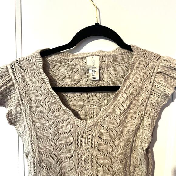Joie Pointelle Flutter Sleeve V Neck Sweater Oatmeal/Tan SZ S - Picture 3 of 6